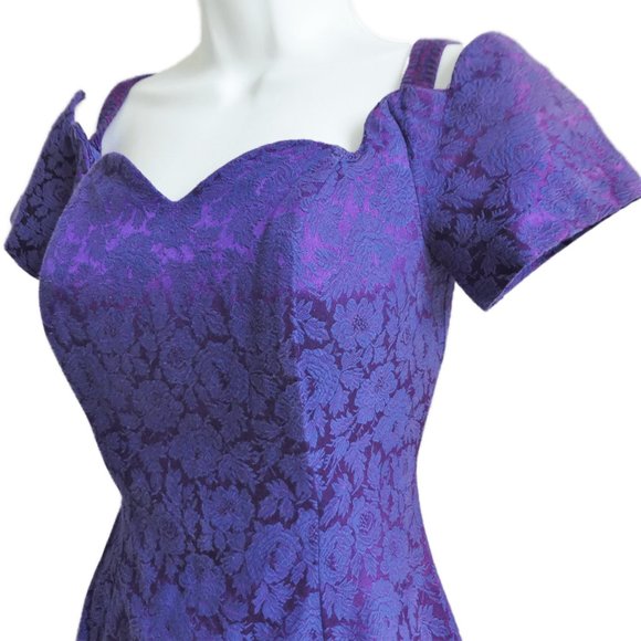 Vintage Brocade Dress All That Jazz Purple Floral Scallop Neck Talon Zip Back S - Picture 4 of 9